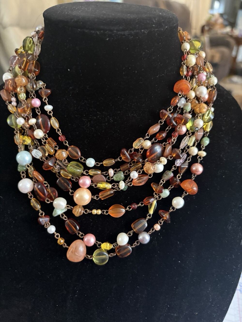 Lia Sophia Multistrand Beaded Necklace — Brown, Green, Pink, Yellow, Cream
